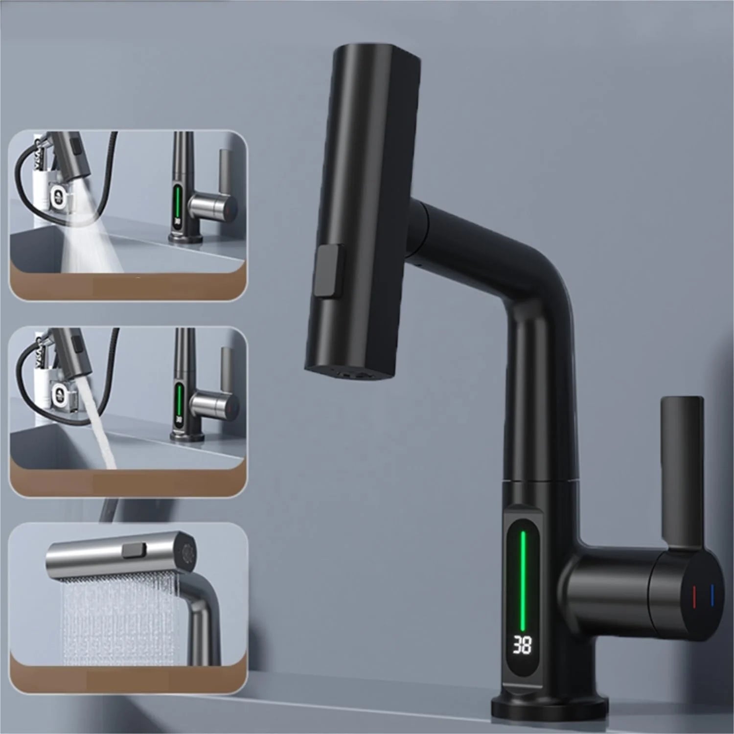 Intelligent Digital Display Faucet Pull-Out Basin Faucet Temperature Digital Display Rotation